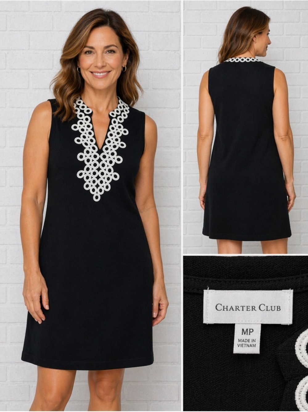 Charter Club Black Sleeveless Dress with White Embroidered Trim - Size PM